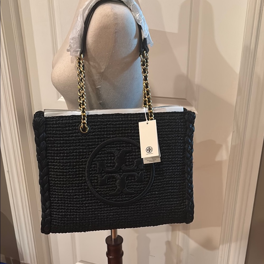 Tory Burch Black and Gold Tote with Signature Woven Design